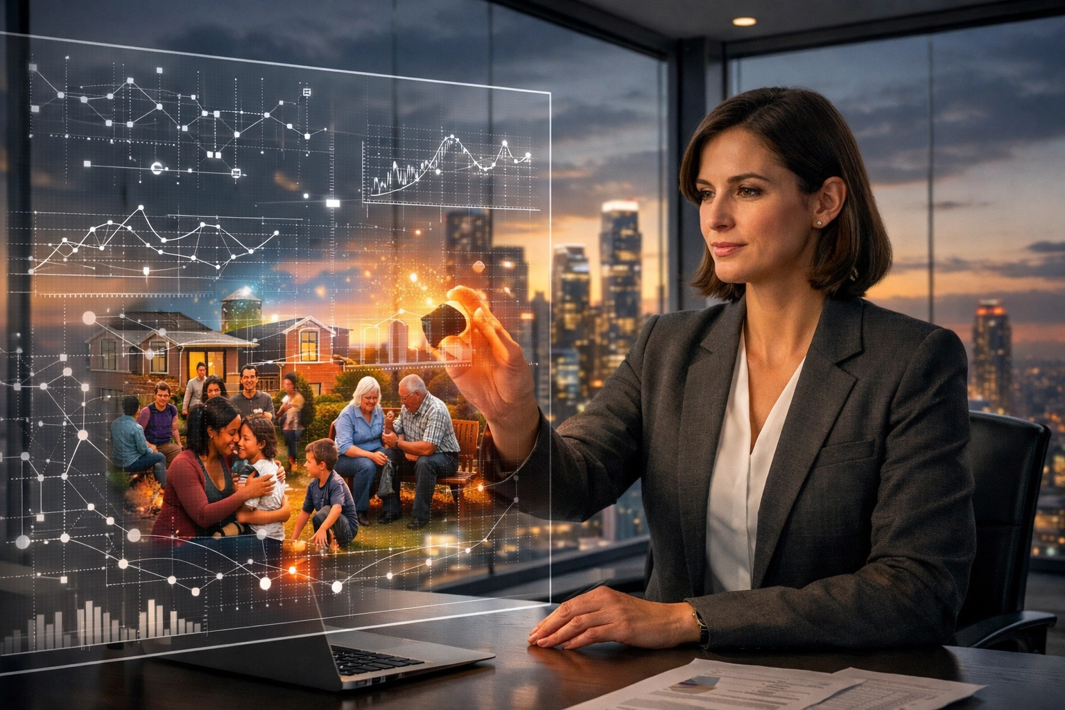 An AI Ethics Officer using data visualization to assess the human social impact of automated algorithmic decisions.