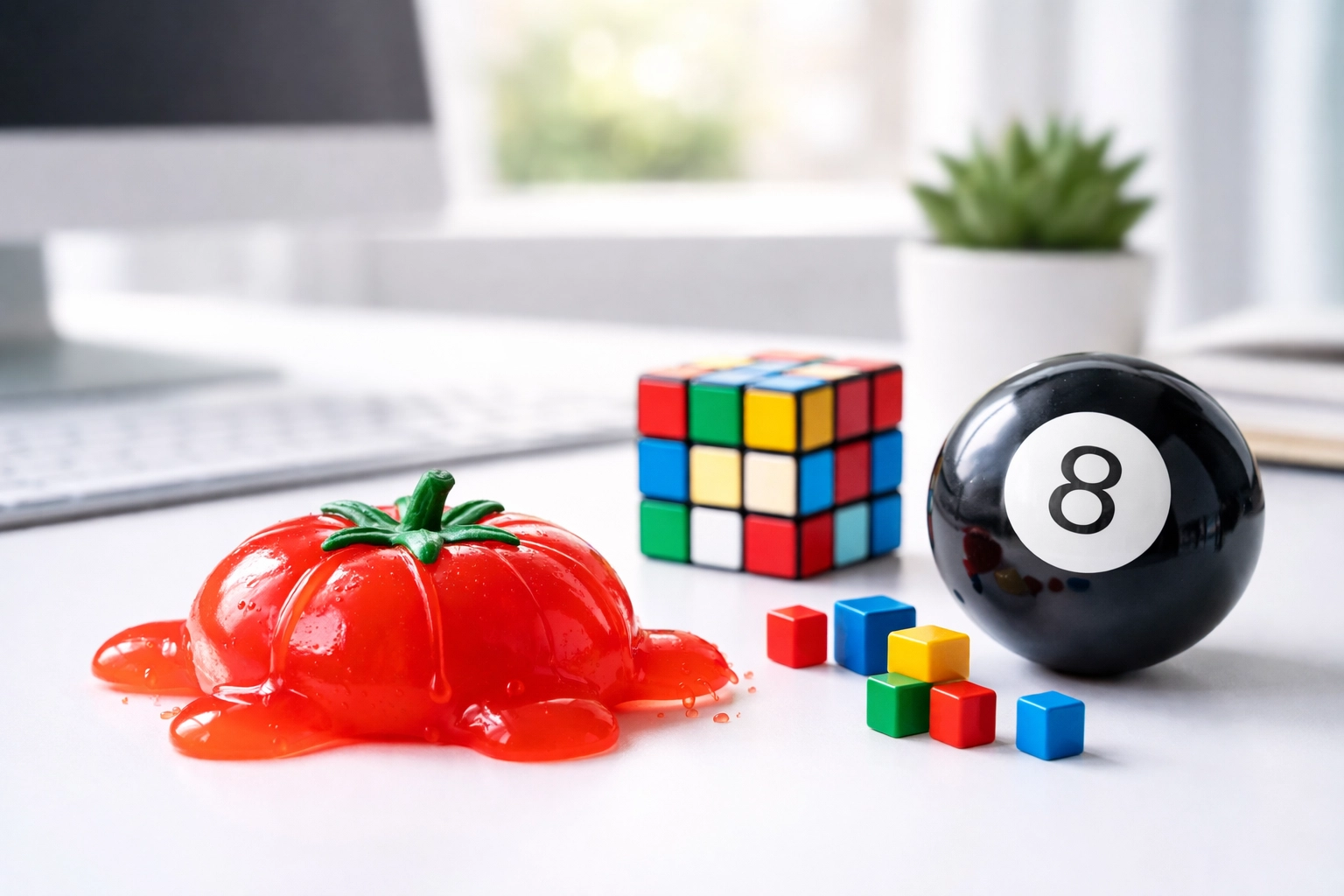 Desk with splat tomato stress toy, magic answer ball, and magnetic puzzle cubes as creative trade show giveaway ideas