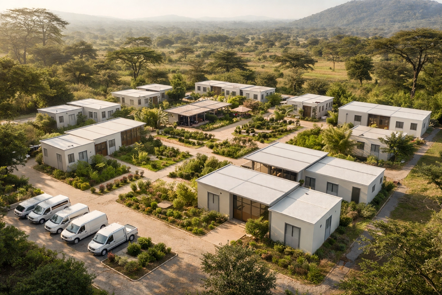 Aerial view of a modern modular housing compound in Ghana, featuring clean design and transport fleet