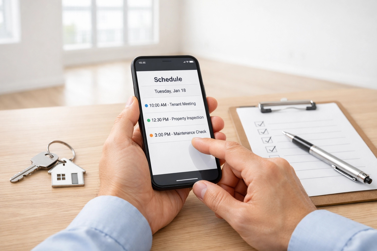 Property manager using smartphone to schedule apartment turnover with checklist and keys