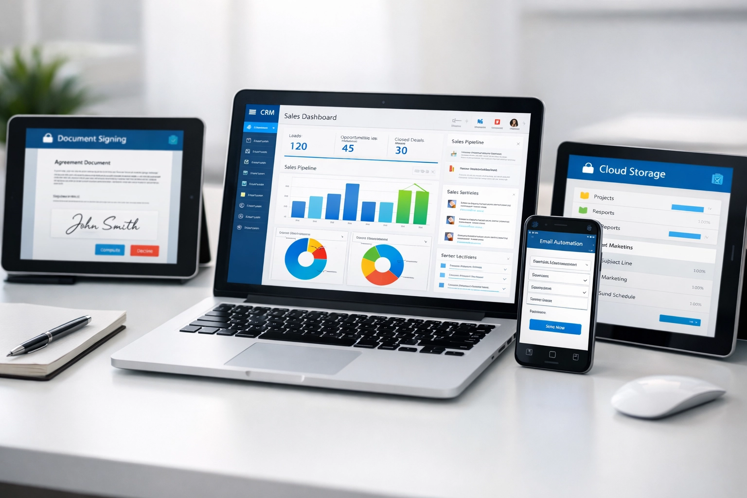 Business automation tools displayed across multiple devices including CRM and email platforms