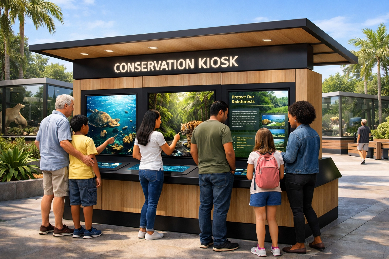 Visitors engaging with an interactive conservation kiosk at a modern zoo to support branding and wildlife causes.
