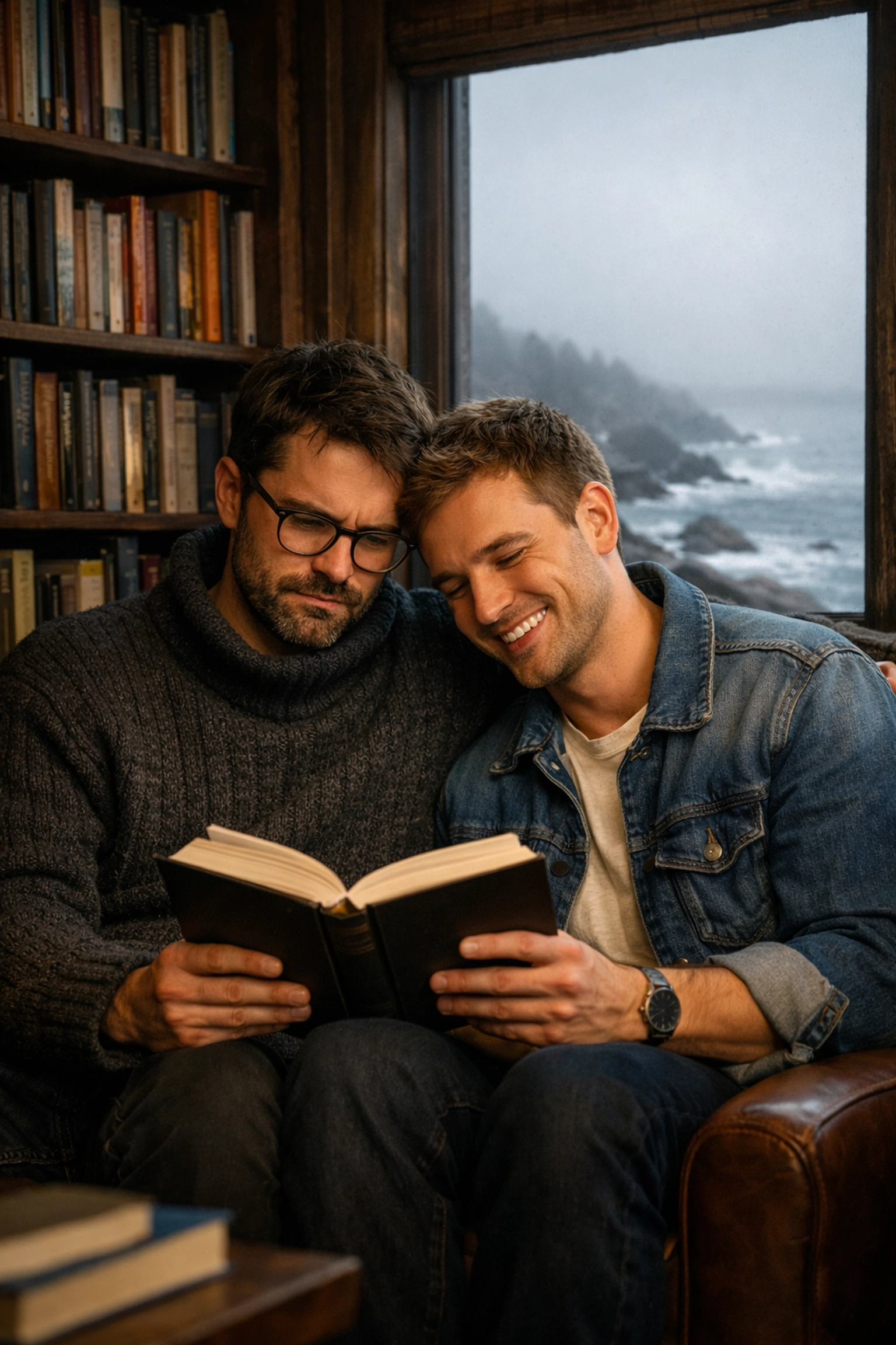 A grumpy-meets-sunshine MM romance couple reading in a rustic Vermont bookstore by the coast.