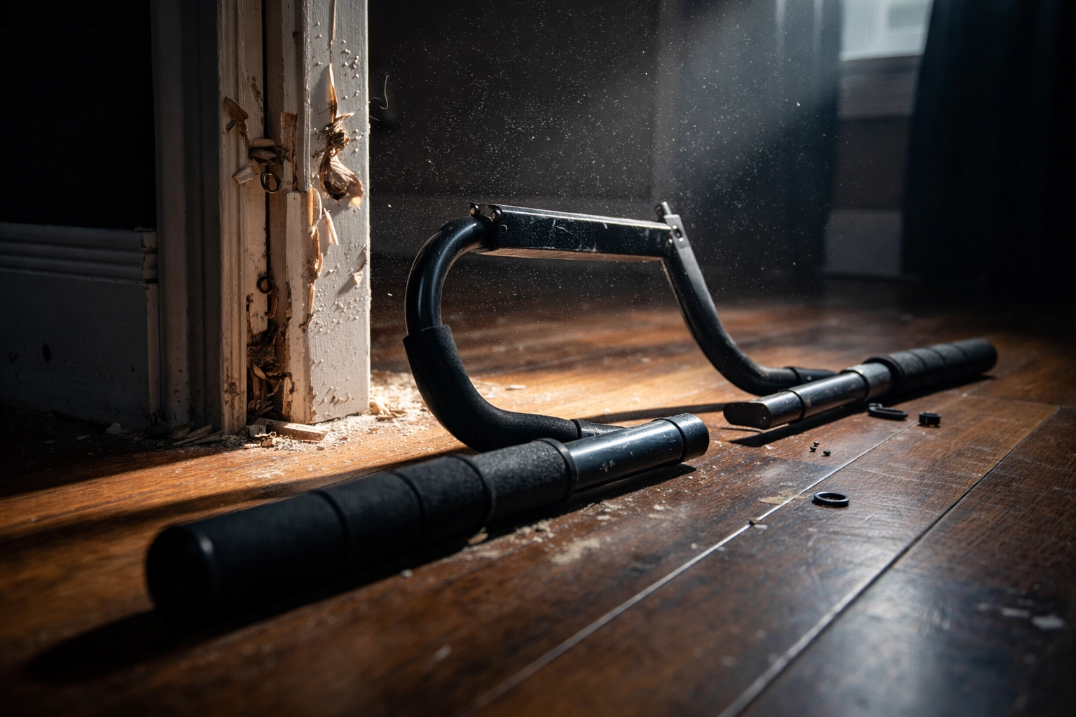 Damaged doorframe and broken pull-up bar showing risks of flimsy home gym equipment for athletes