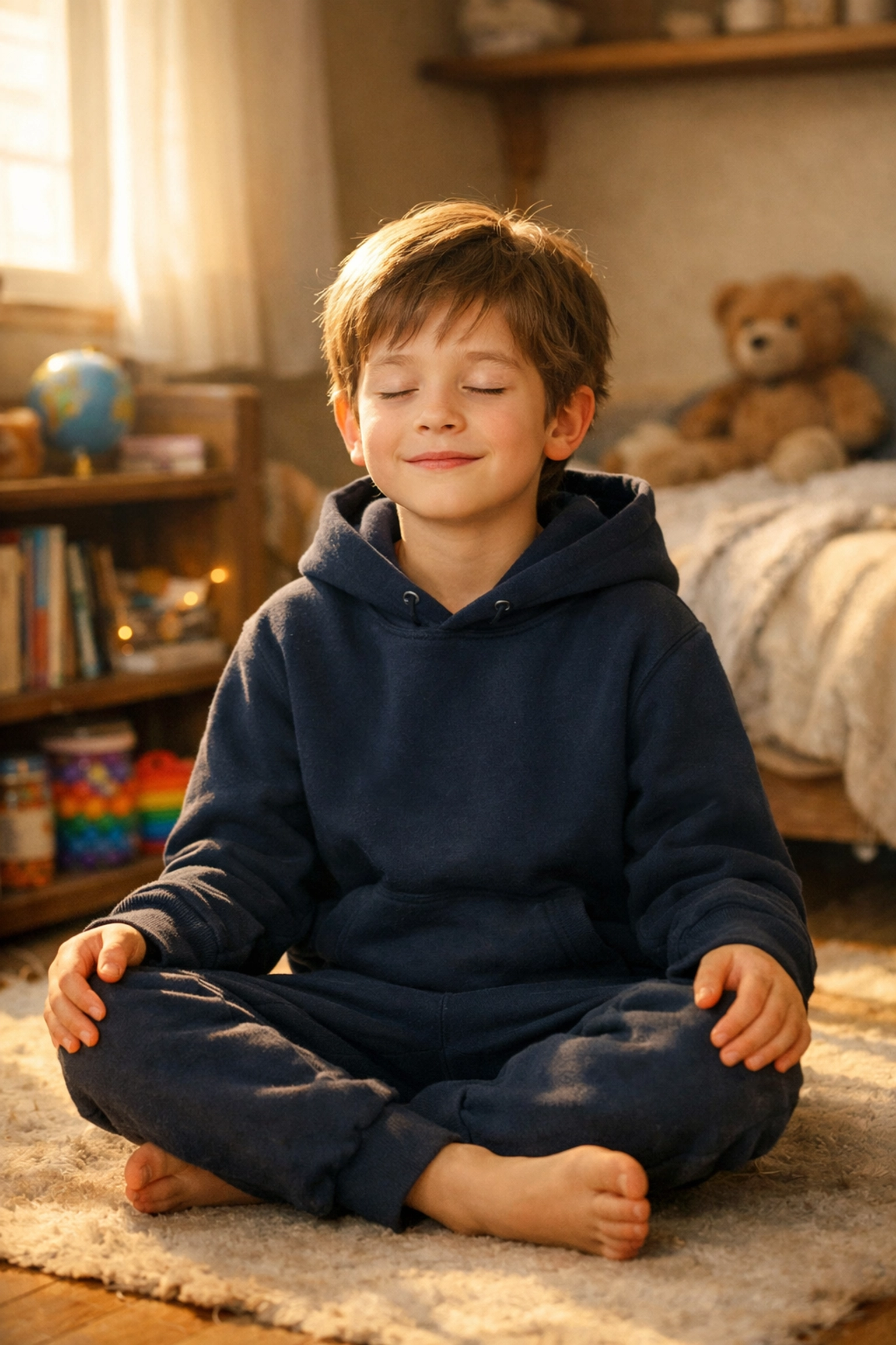 Child calm and regulated wearing weighted sensory hoodie at home