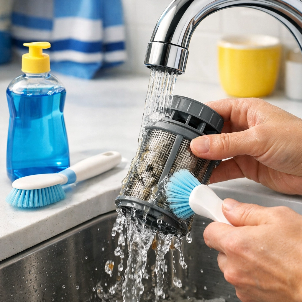 Rinsing and scrubbing a dishwasher filter assembly under a kitchen faucet.