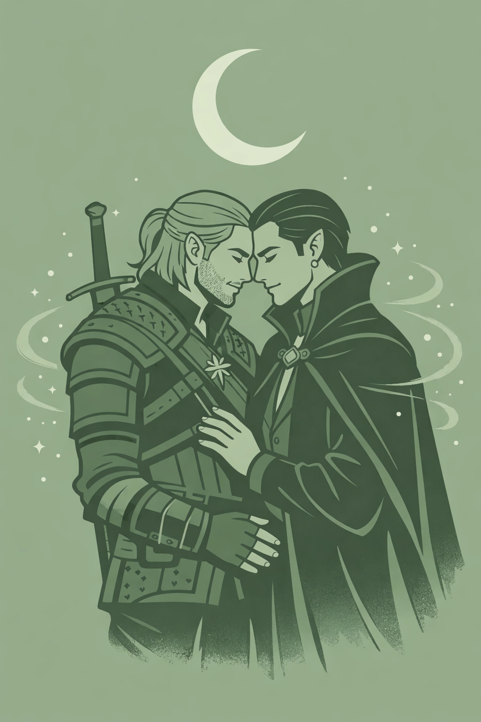 MM fantasy romance with bisexual leads: two men in magical moonlit embrace