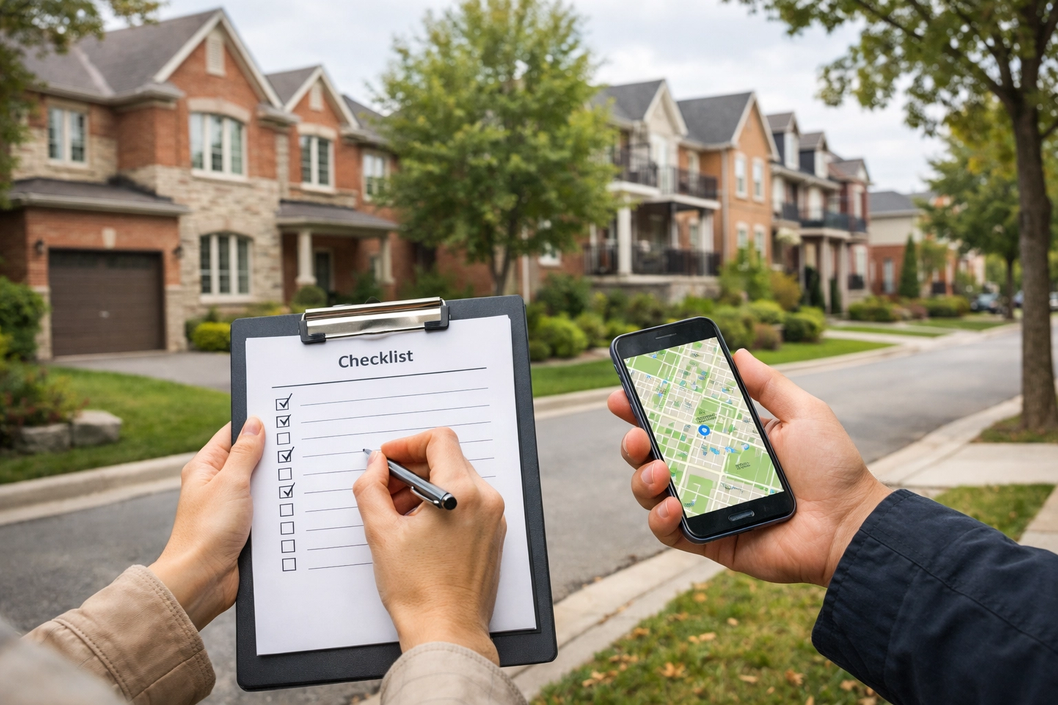 House hunting checklist and smartphone map in a GTA neighbourhood