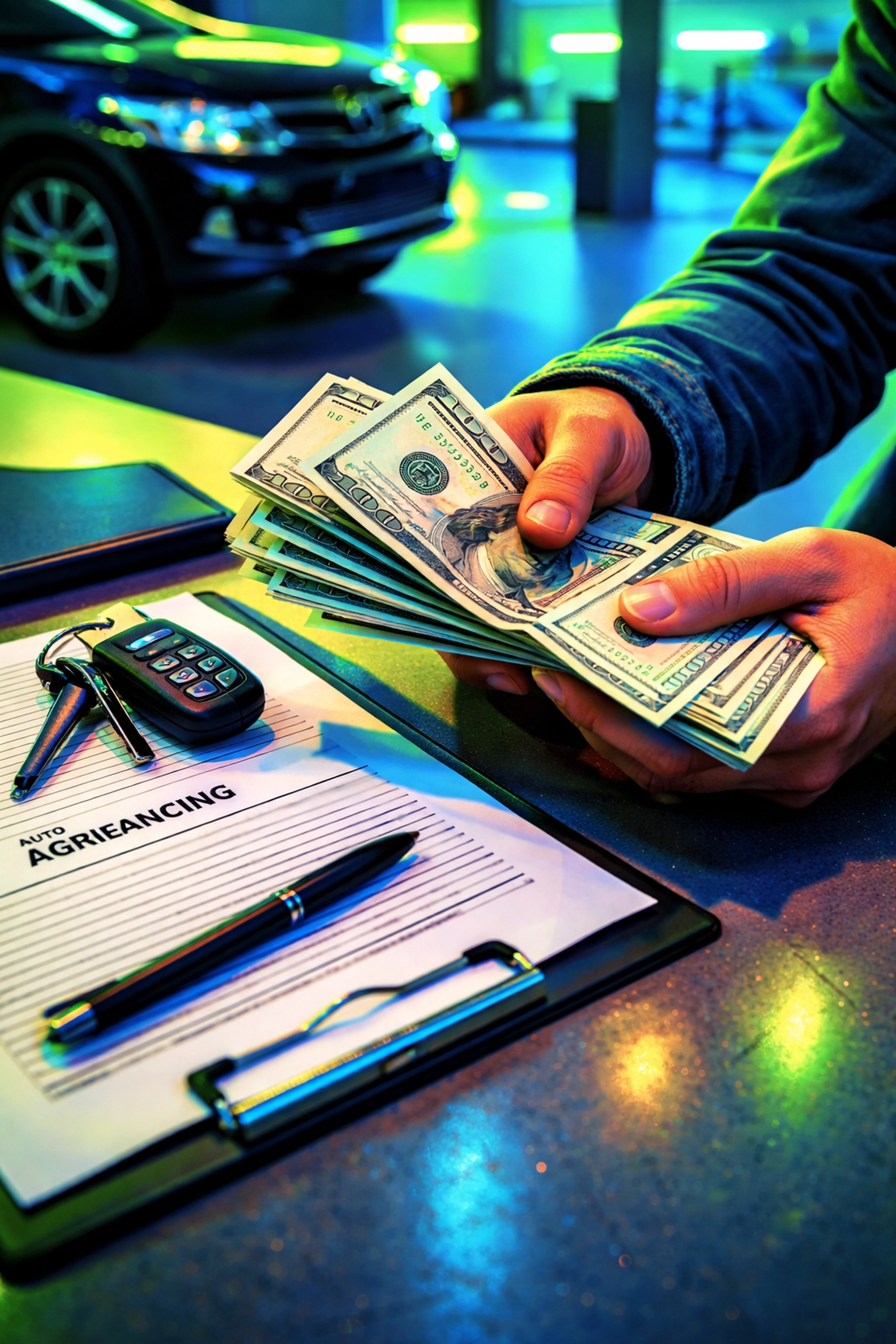 Counting cash for a used car down payment at a dealership desk with car keys nearby