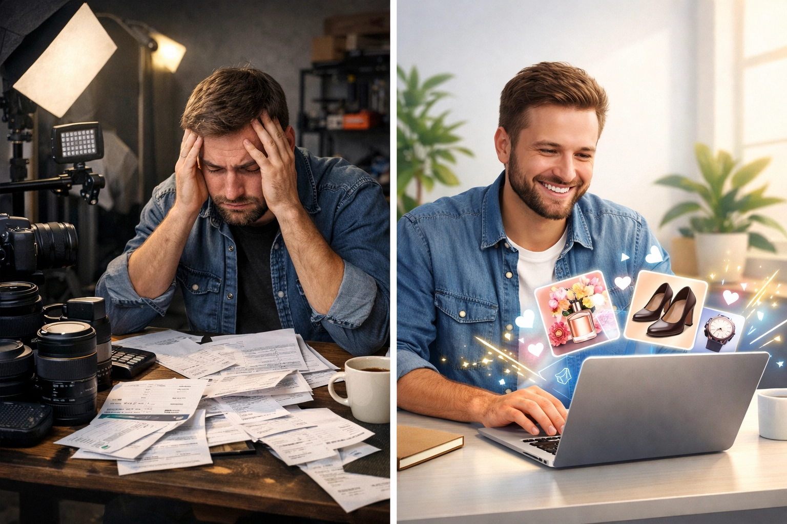 Small business owner comparing traditional photography setup costs to simple AI image generation on laptop