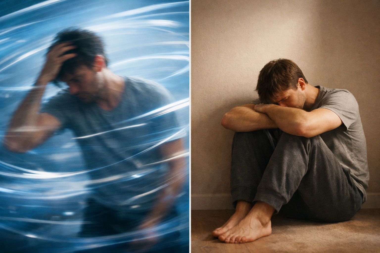 Visual contrast showing high-energy anxiety versus low-energy depression symptoms