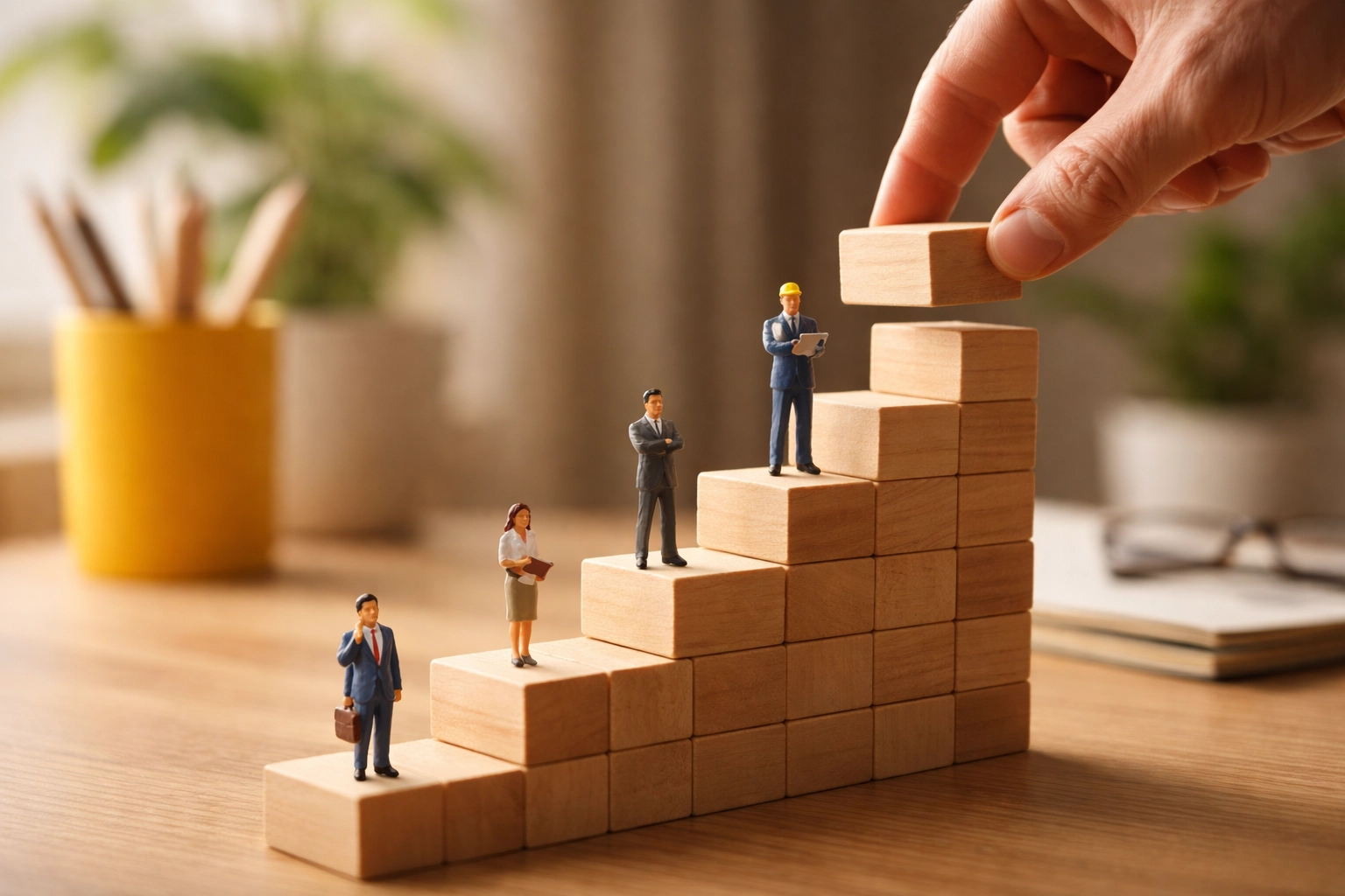 Metaphor for MSP growth with wooden blocks and figurines representing different business roles, showing strategic scaling.