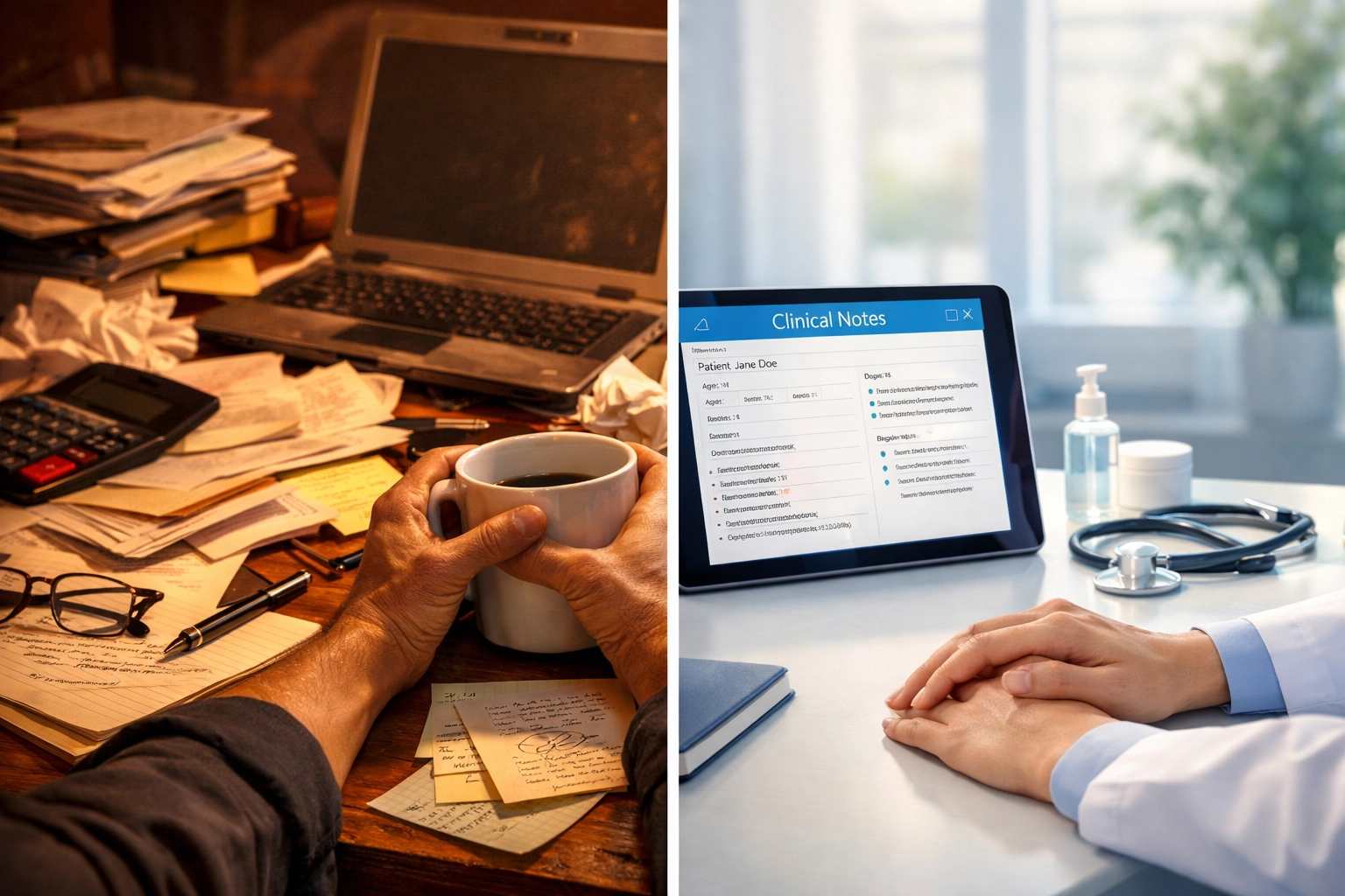 Side-by-side comparison of chaotic generic AI tools versus organized healthcare-specific documentation solutions