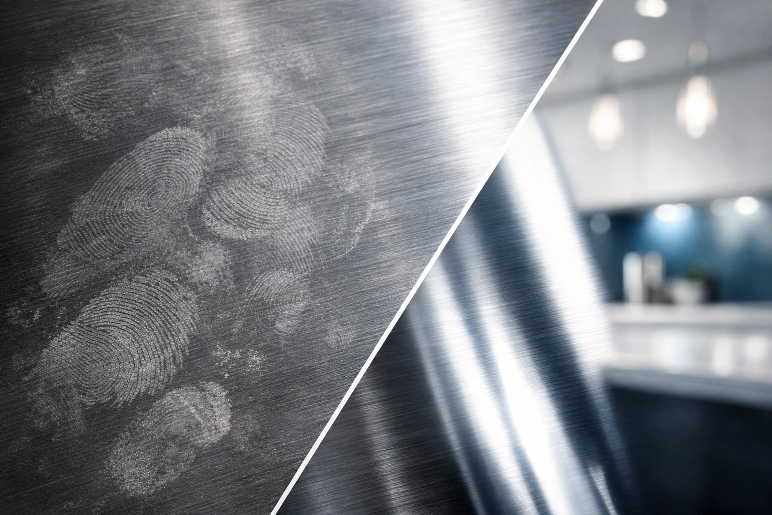 Macro shot comparing a smudged stainless steel surface with a polished, smudge-free finish.