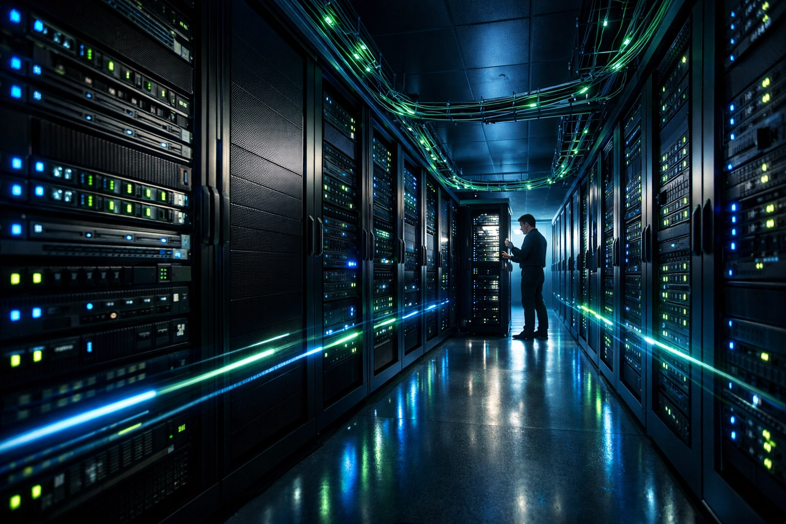 Data center technician performing 24/7 server maintenance in modern facility with organized rack infrastructure