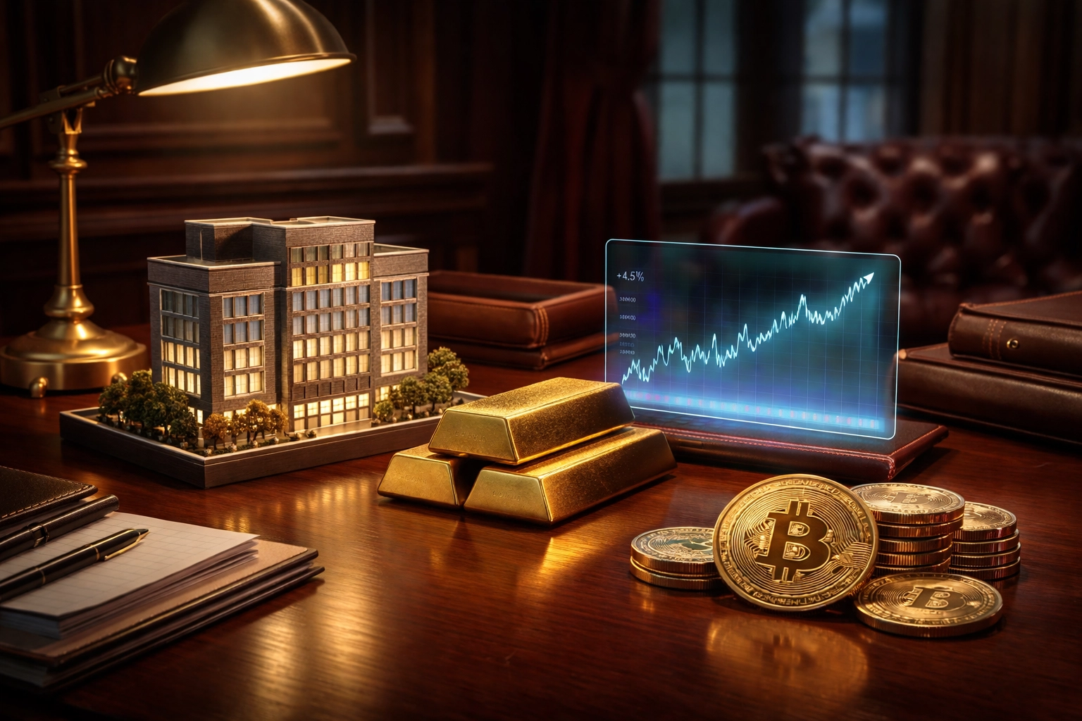 Mahogany desk displaying models of real estate, gold bars, stock market charts, and cryptocurrency, illustrating portfolio diversification for accredited investors.