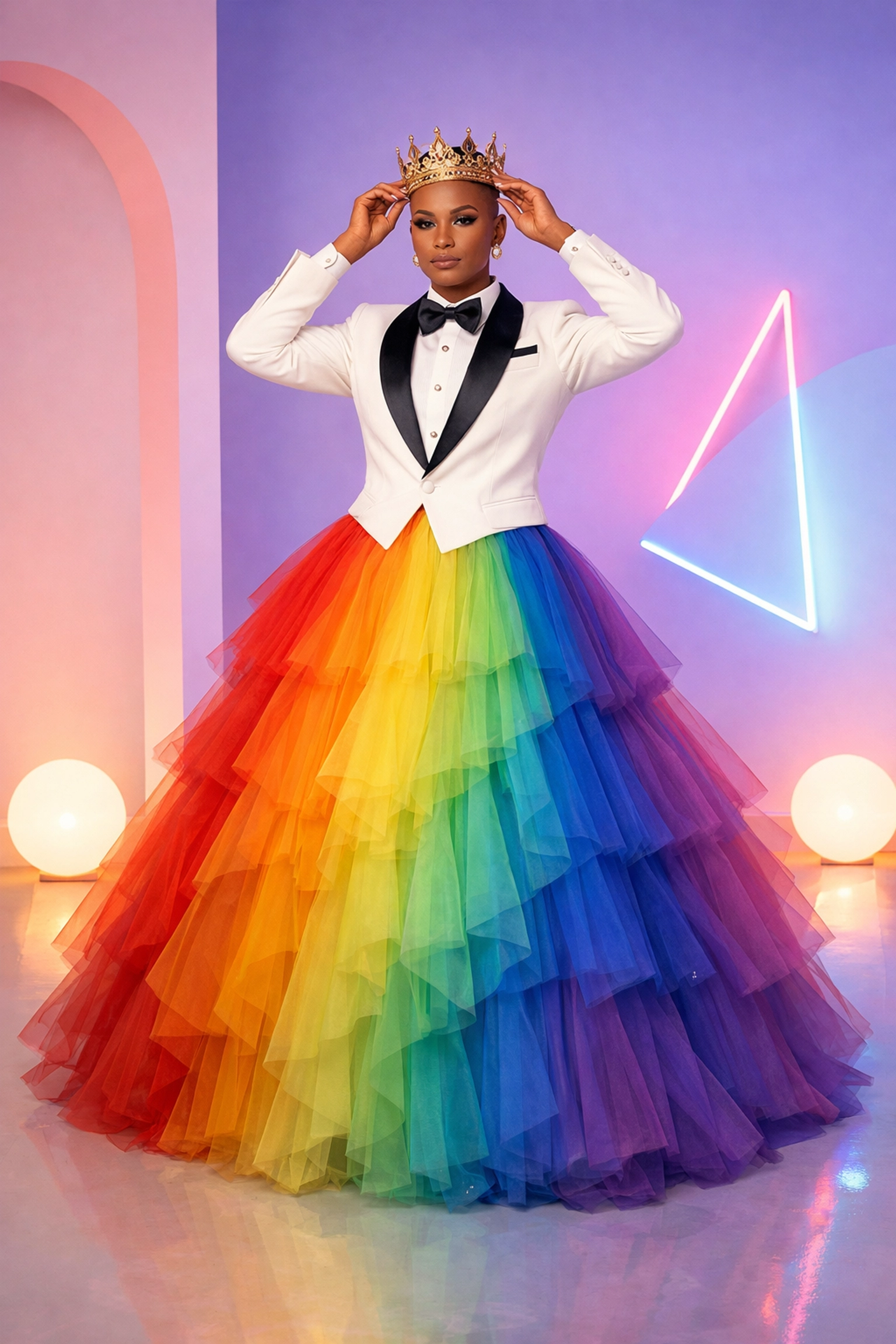 A person in a tuxedo and rainbow tulle skirt celebrating gender-neutral fashion and self-expression at queer prom.