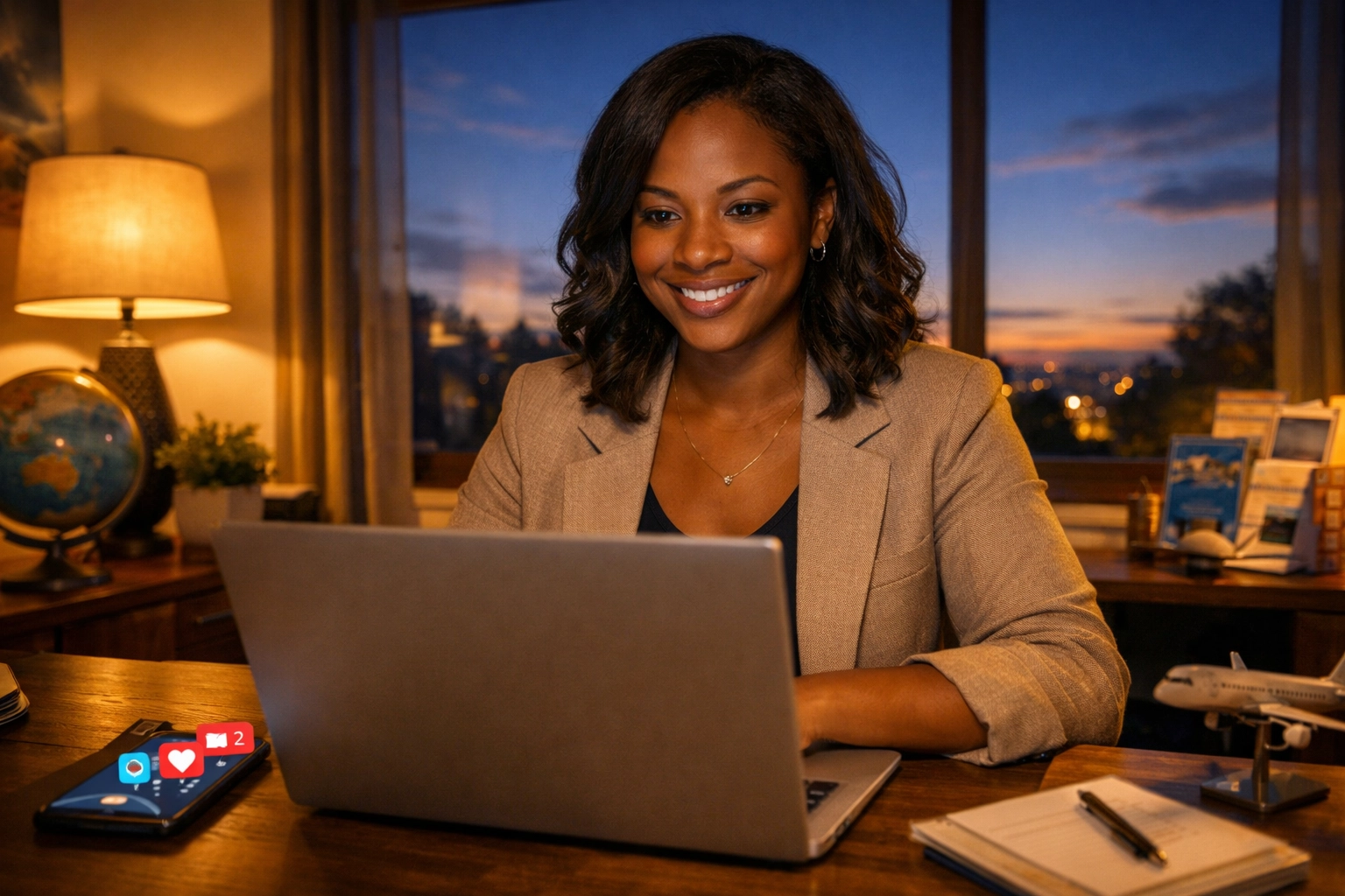 Travel agent working at home office desk during evening hours with laptop and smartphone