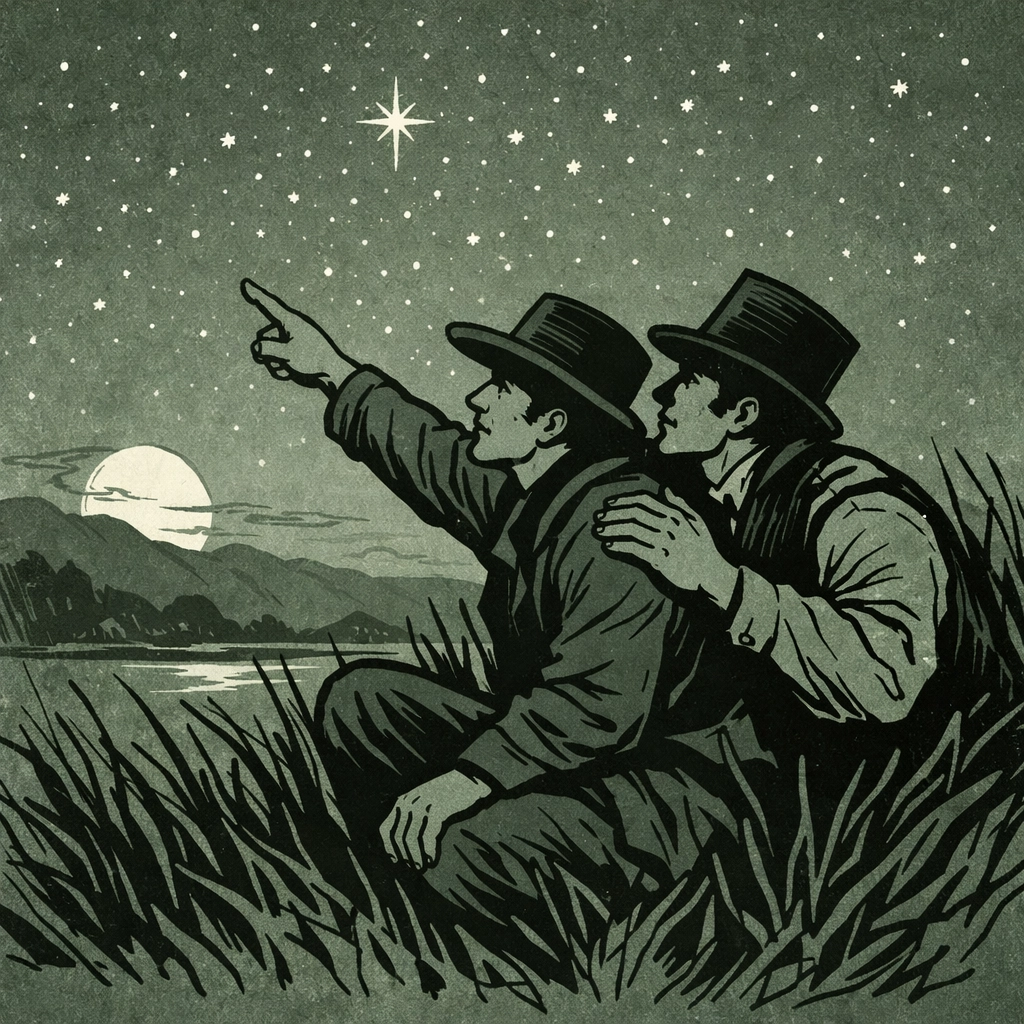 Two men in 1850s clothing navigate by the North Star during Underground Railroad escape in MM historical romance