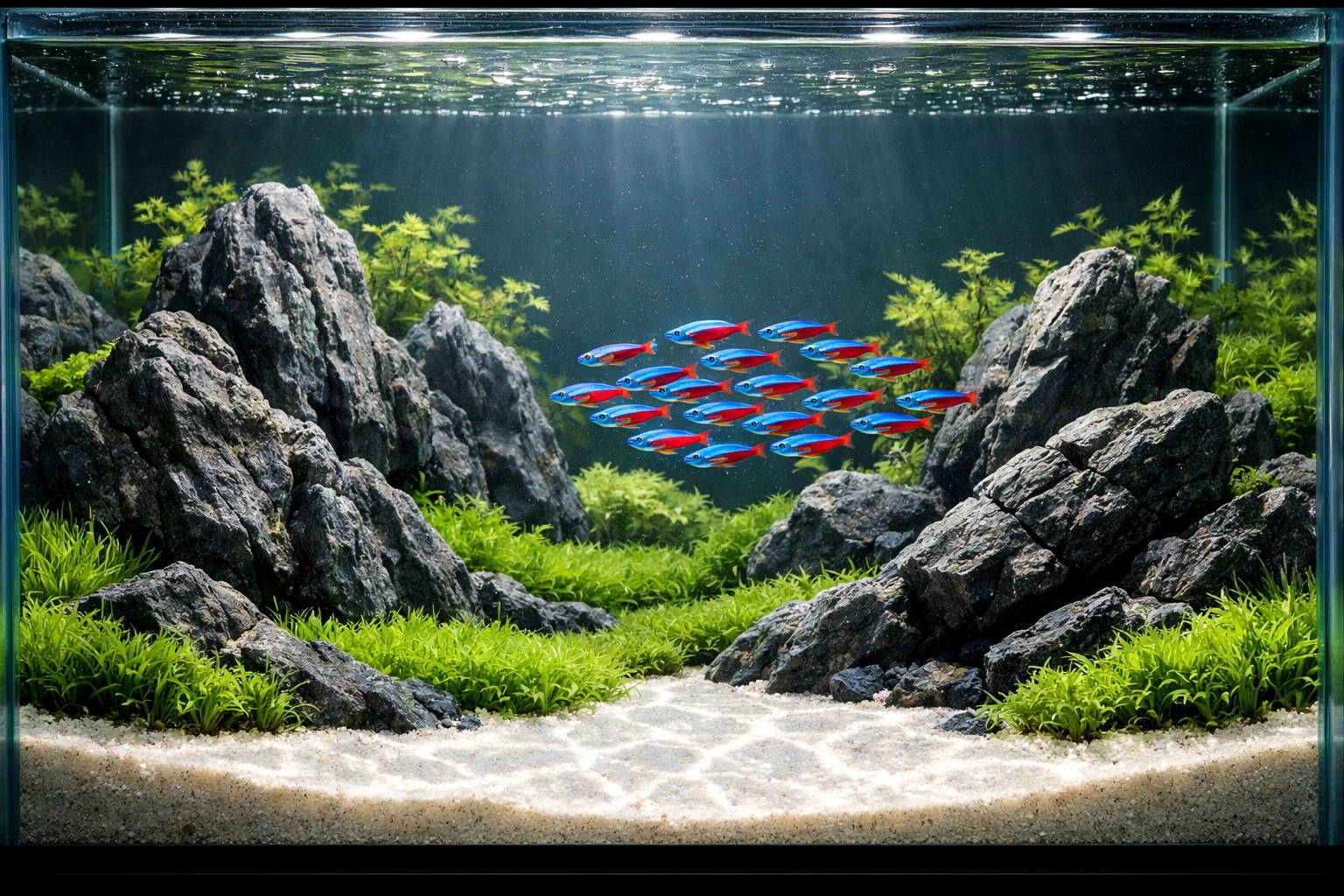 A thriving 20-gallon community fish tank with vibrant Neon Tetras and professional aquascaping.