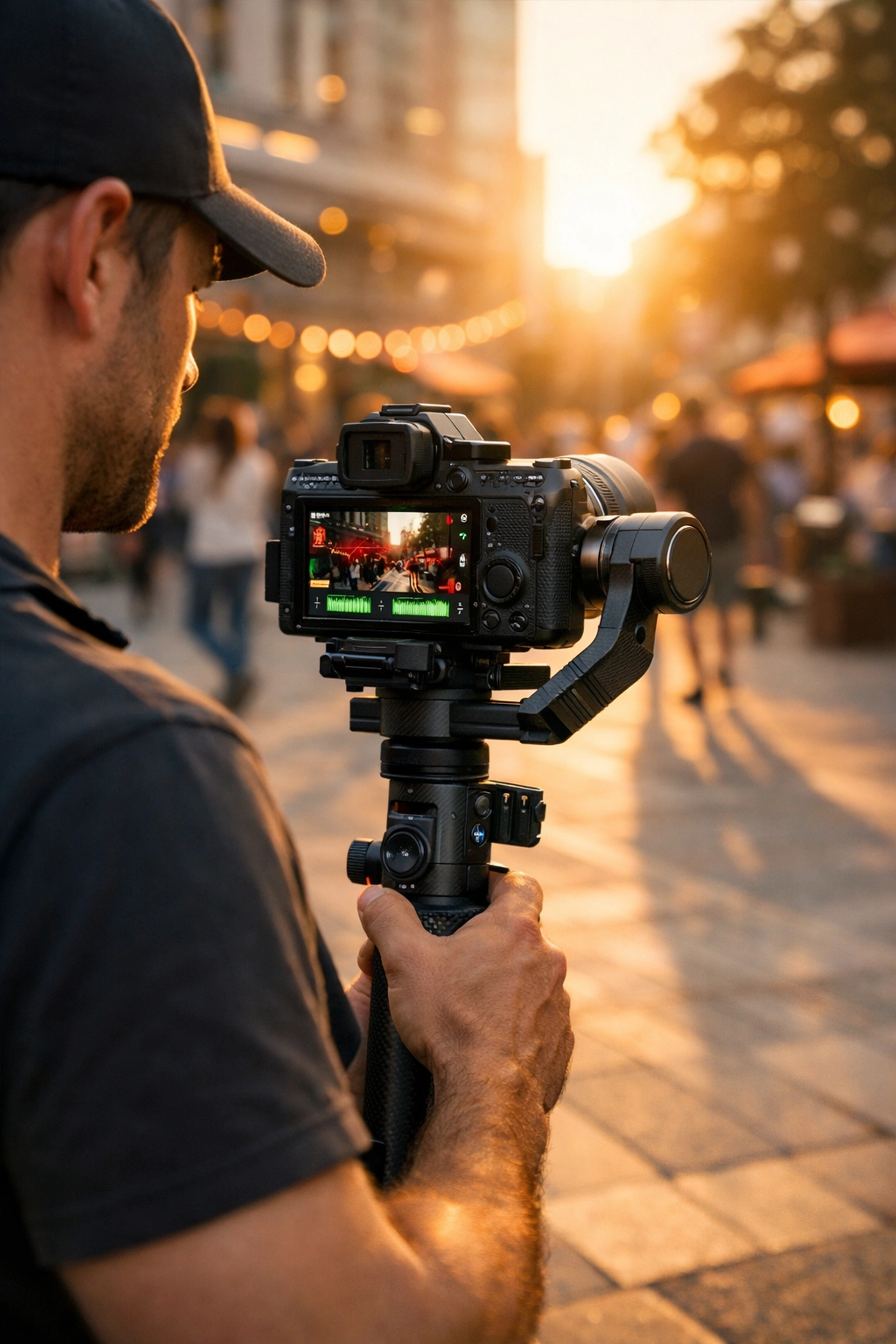 Professional cinematographer using a mirrorless camera on a gimbal for high-quality video production.