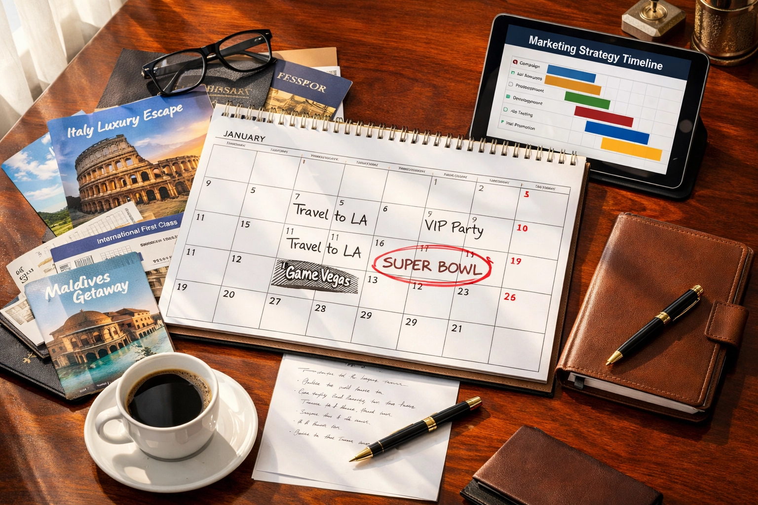 How to Turn Super Bowl Corporate Travel Into a Million-Dollar Branding Opportunity (5-Step Executive Guide) Executive desk with Super Bowl corporate travel planning calendar and marketing strategy documents
