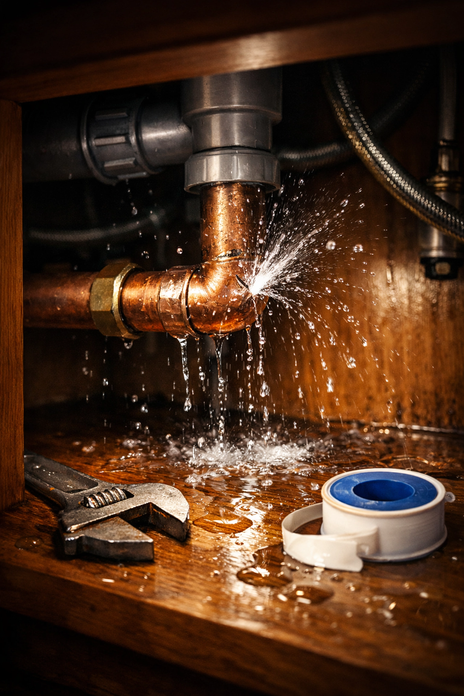 Burst copper pipe under kitchen sink causing water damage that needs repair