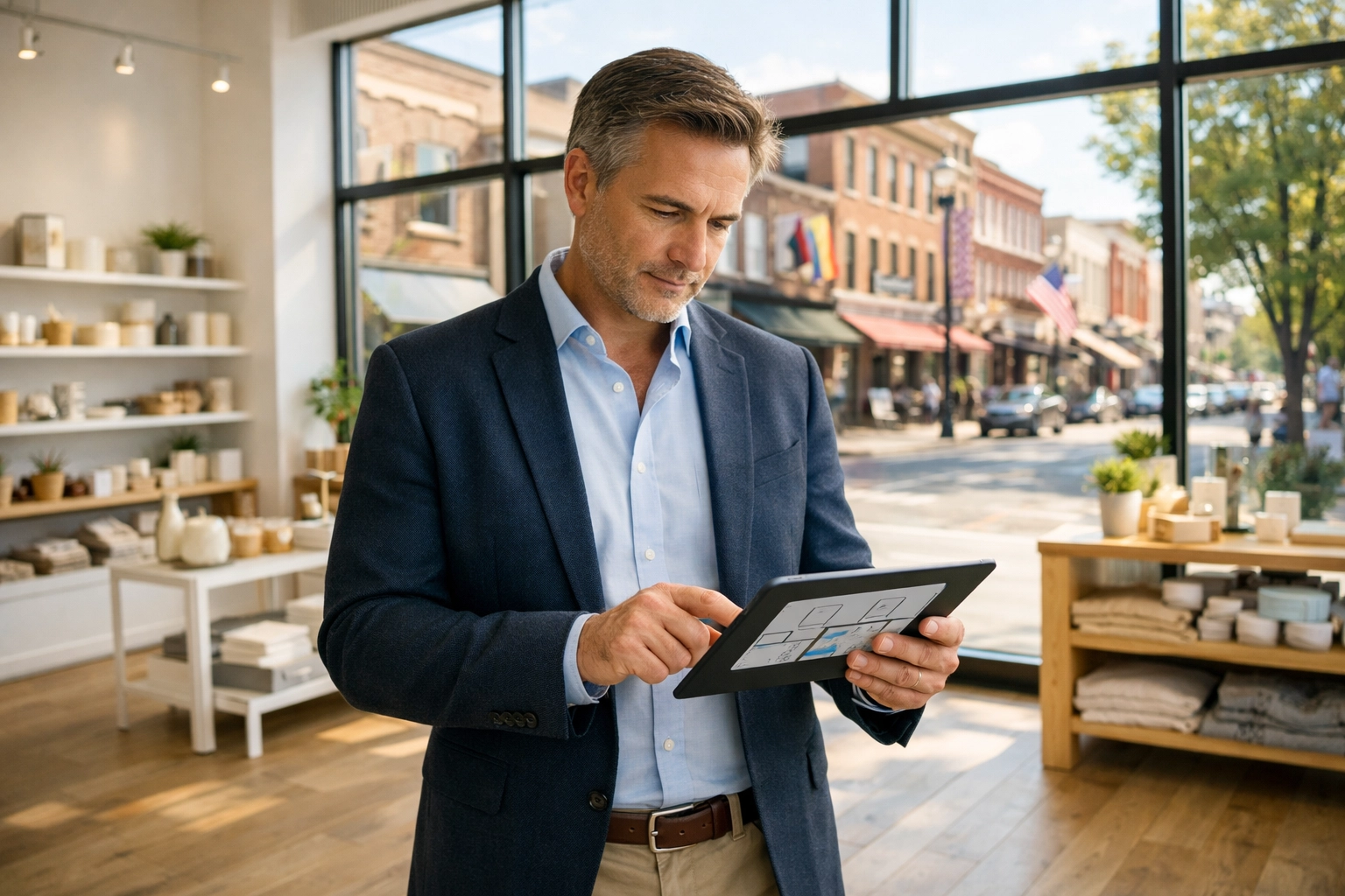 Business owner analyzing a floor plan in a modern retail space for commercial property leasing in Tennessee.