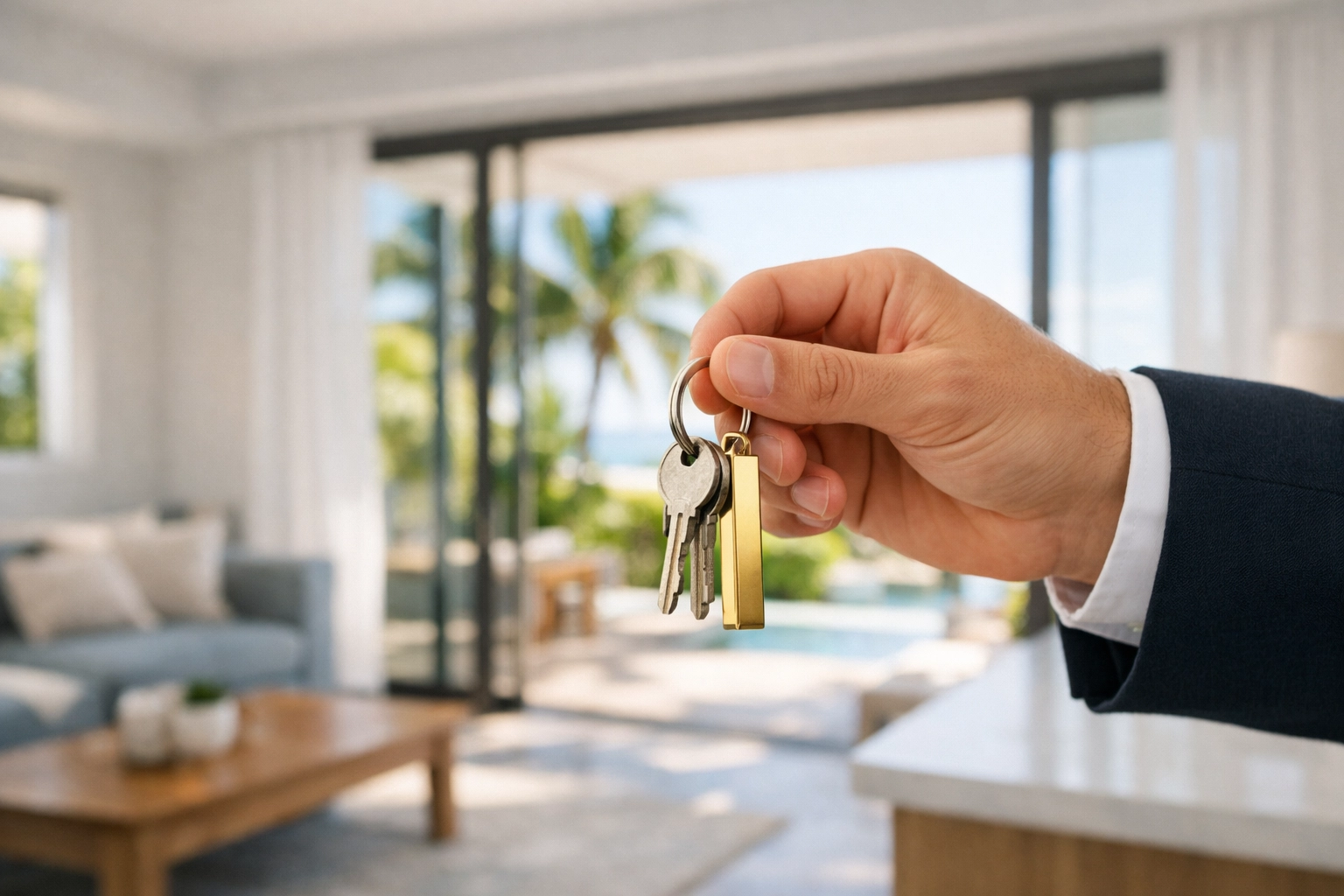 Professional Maui property manager holding keys in a luxury vacation rental with tropical garden views.