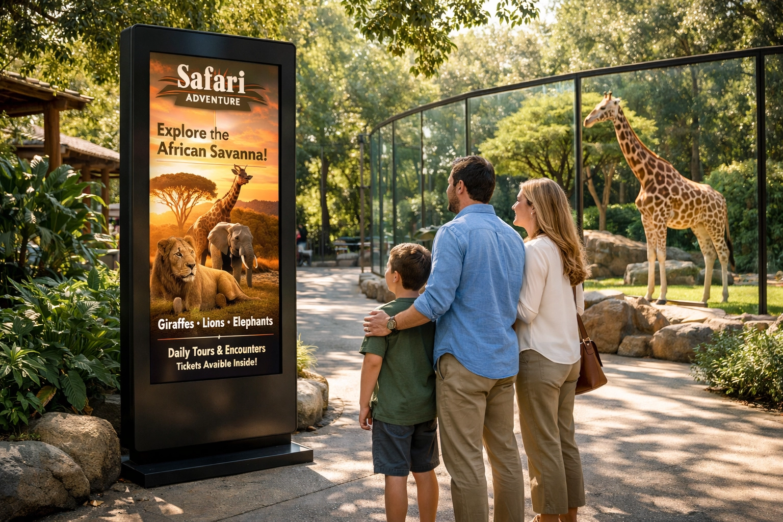 A family viewing a digital advertising totem at a zoo exhibit near a giraffe enclosure, showcasing zoo sponsorship.
