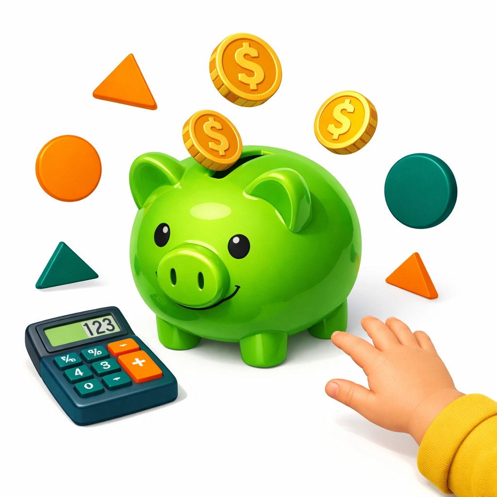 Child's hand reaching for piggy bank teaching financial literacy and money management for kids