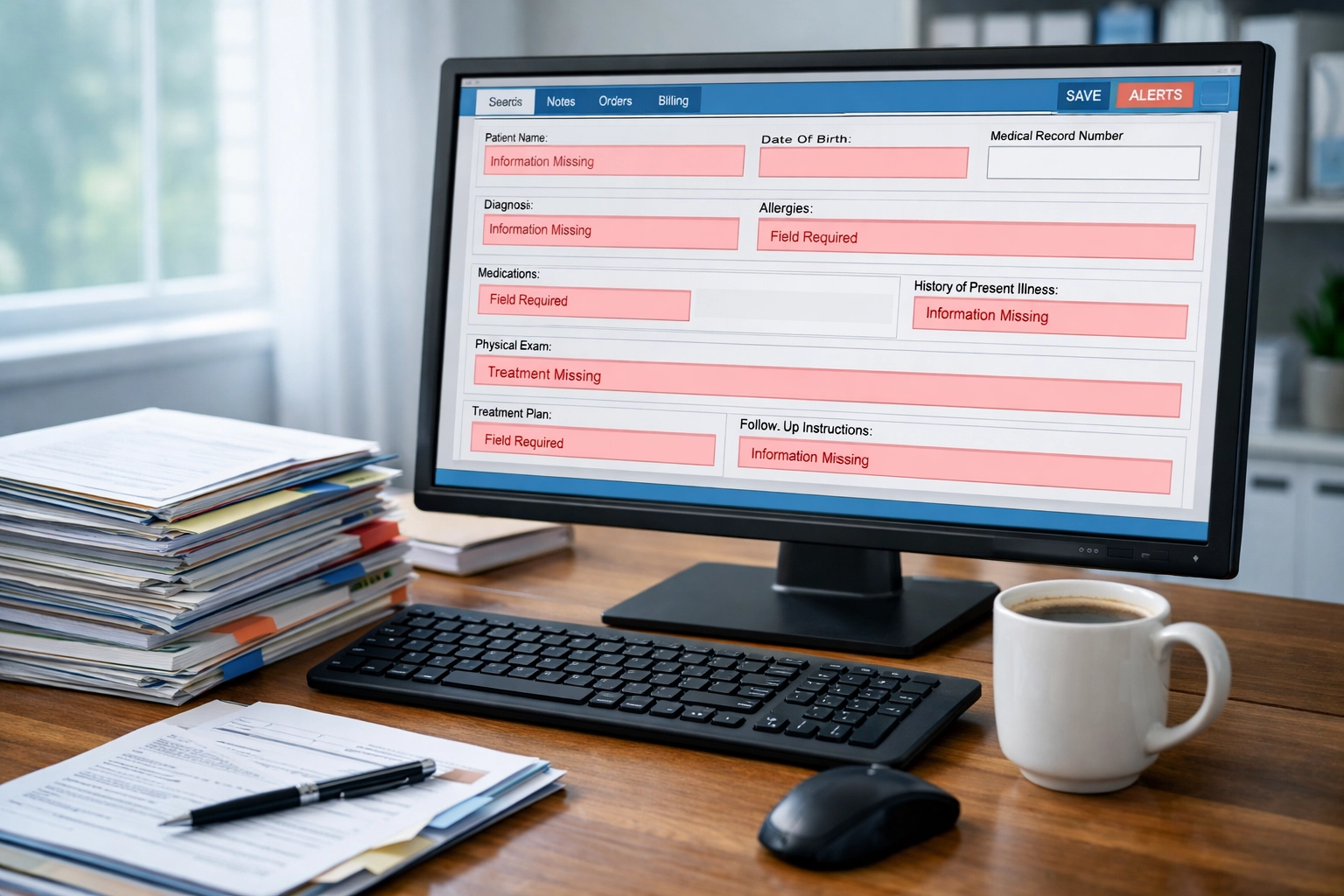 Healthcare administrator reviewing medical documentation software with incomplete fields highlighted