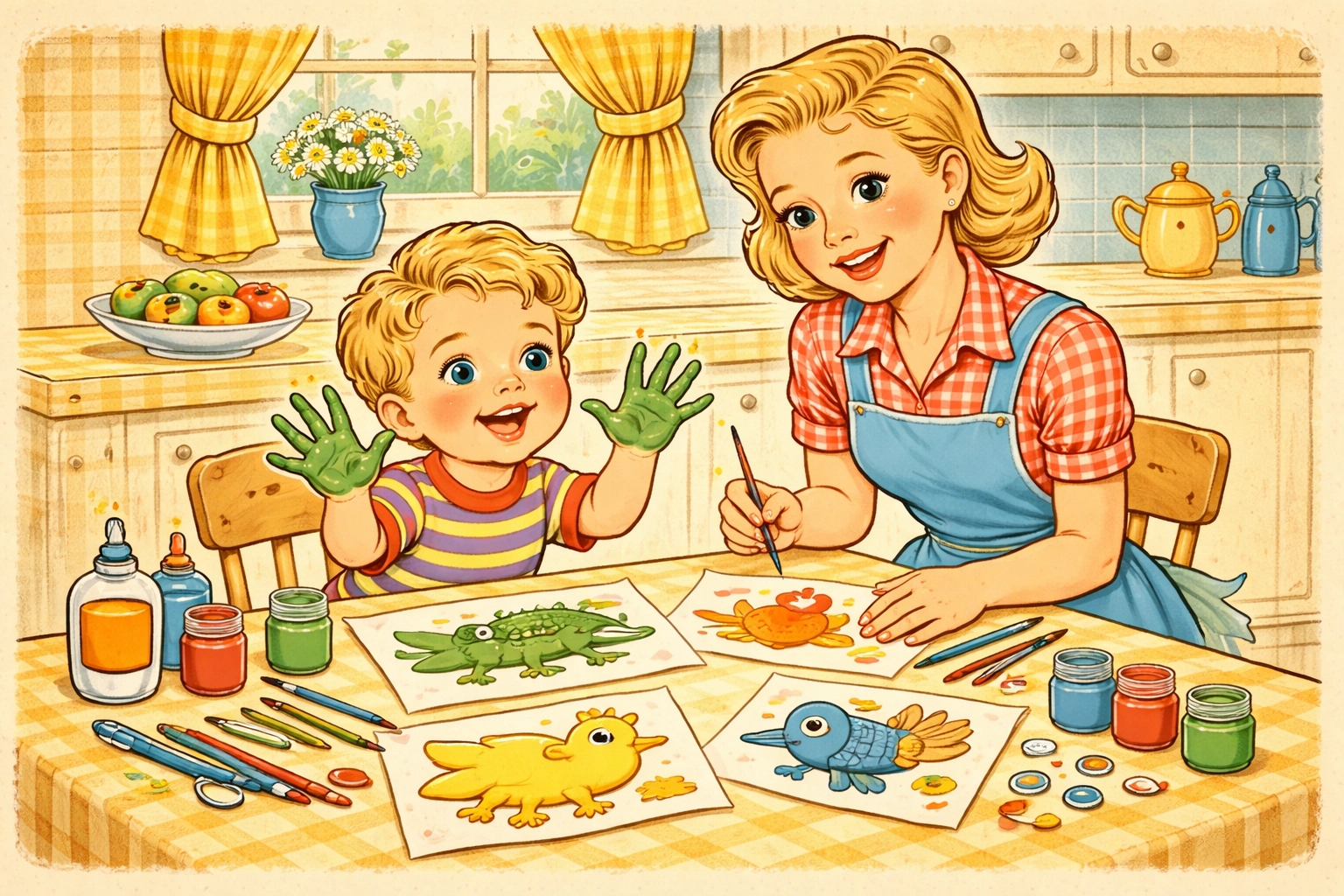 A mother and child sit at a kitchen table smiling, making handprint animal crafts with paint and brushes.