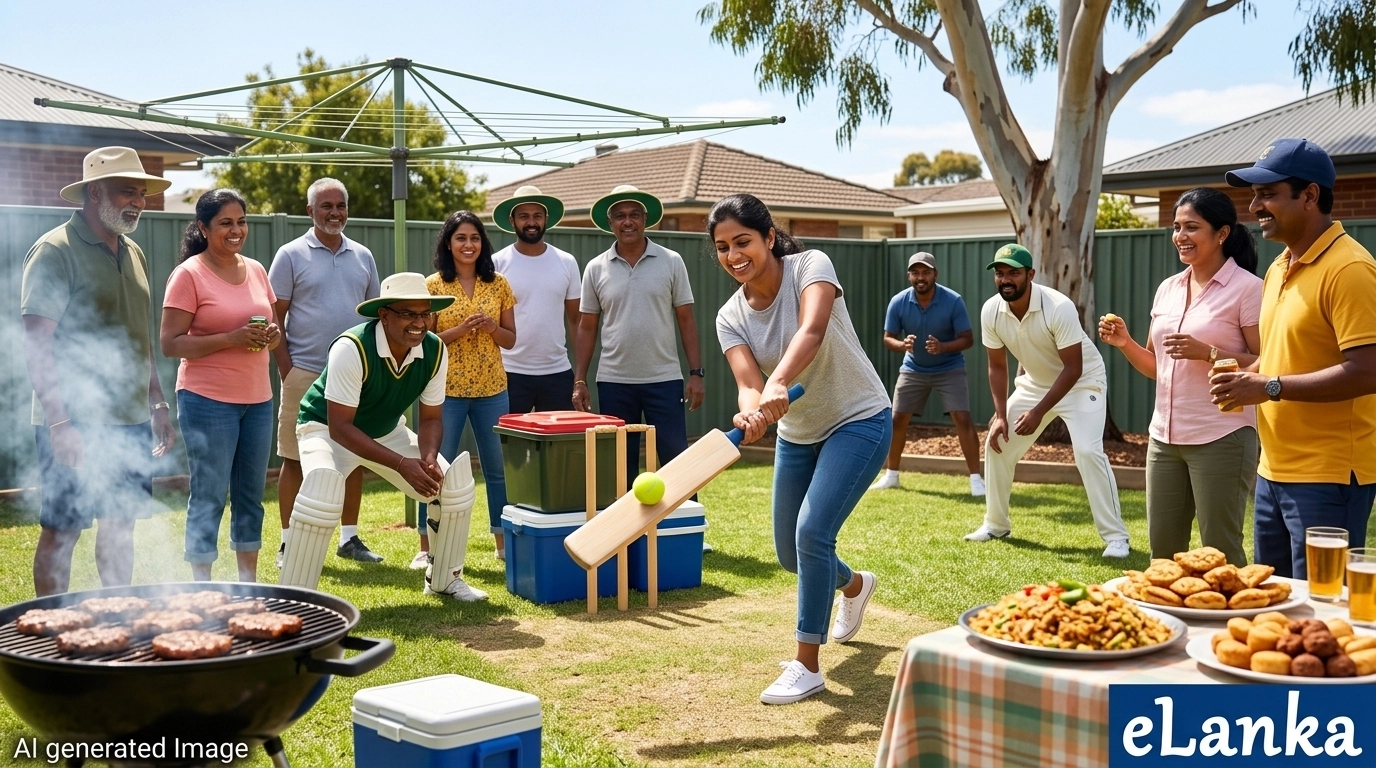 A group of Sri Lankan Australians participating in a spirited game of backyard cricket, highlighting the community's sporting passion.
