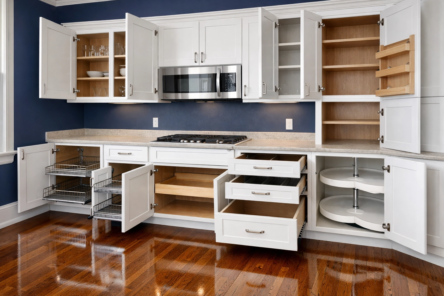 Spotless white kitchen cabinets and polished hardwood floors after a professional move-out cleaning in Worcester.