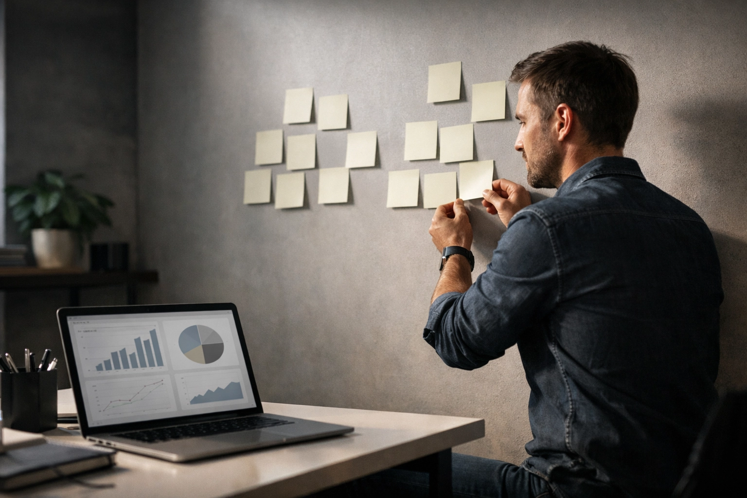 Professional strategist mapping out a cohesive social media management plan with messaging pillars, content calendar, and performance dashboard.