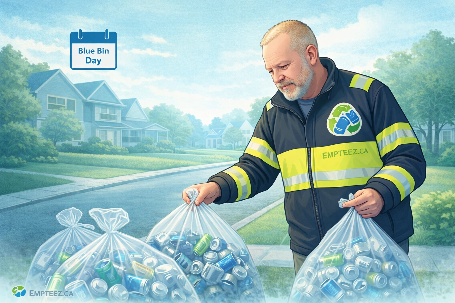 Empteez.ca curbside pickup on blue bin day with clear bags of aluminum cans (Empteez.ca)