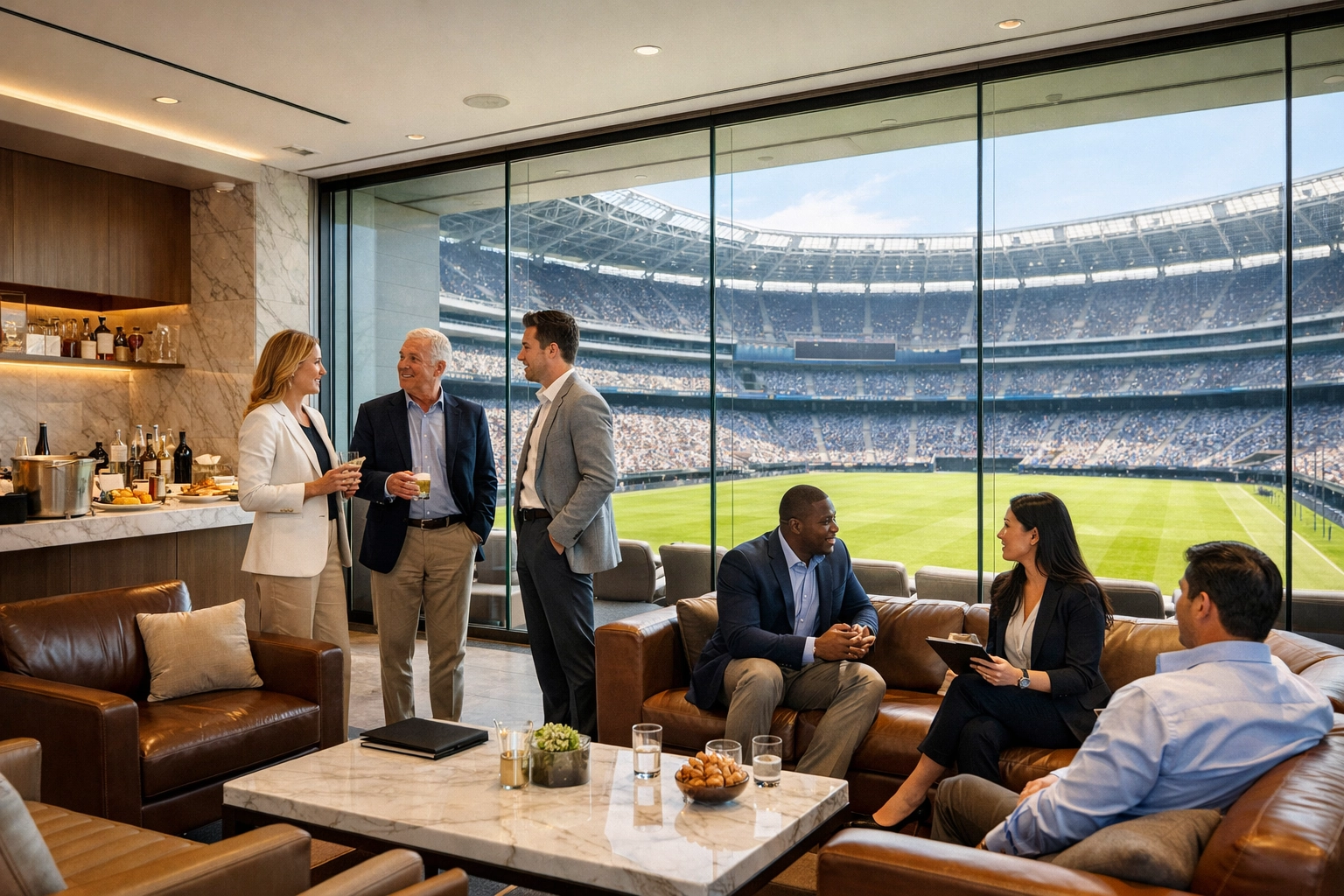 Executives networking in a luxury Super Bowl corporate hospitality suite overlooking the stadium.