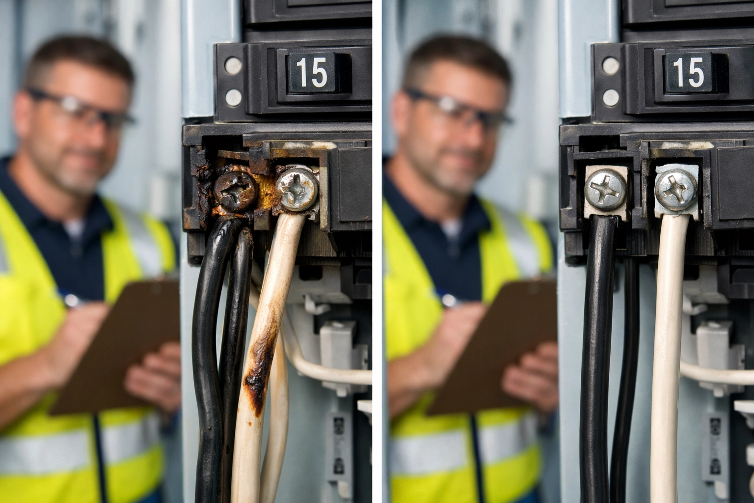 Comparison of dangerous double-tapped breaker versus properly wired electrical circuit