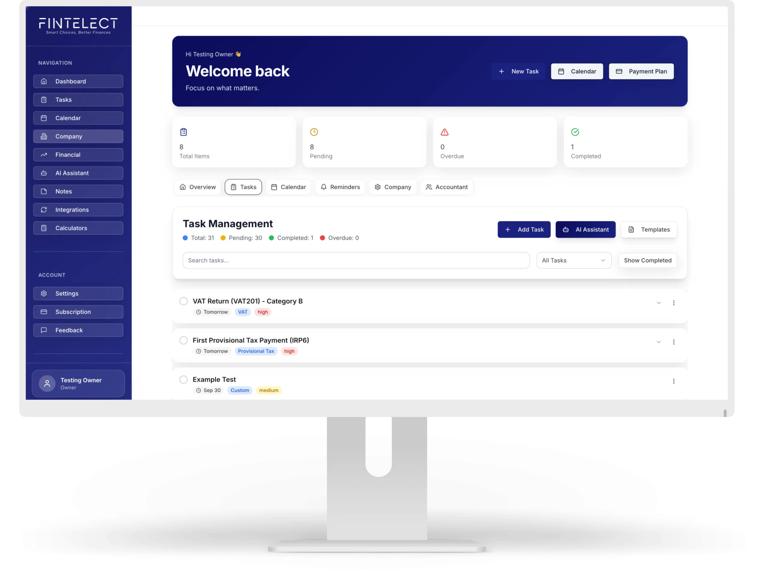 Fintelect dashboard showing real-time compliance tracking and task management.
