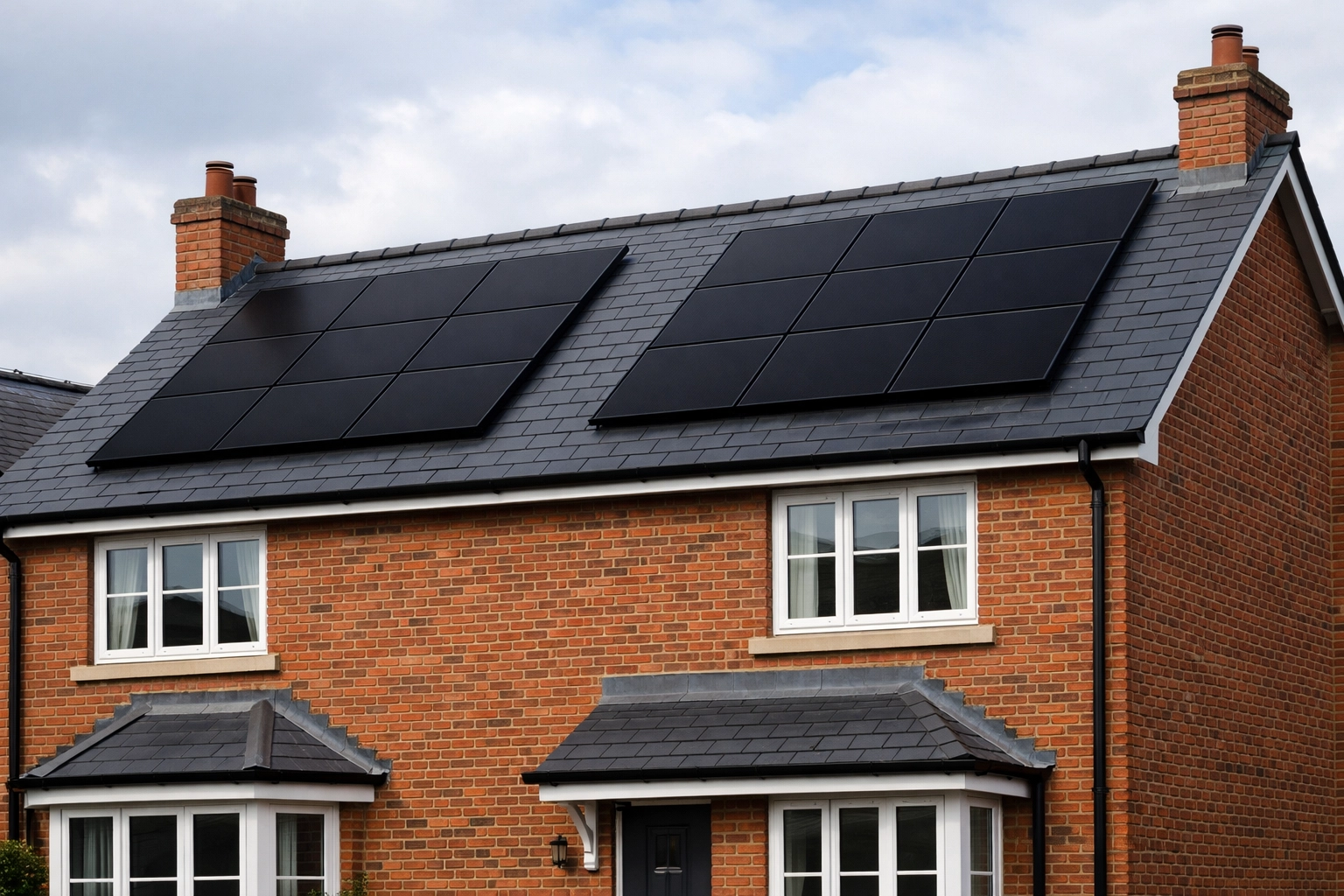 High-quality black-on-black solar panels installed on a traditional UK semi-detached brick house.