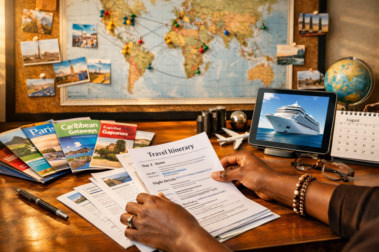 Personal travel planner organizing custom itineraries and cruise bookings on organized desk