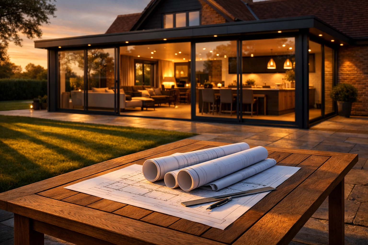 Modern single-storey rear house extension in West Sussex with large glass sliding doors and garden.