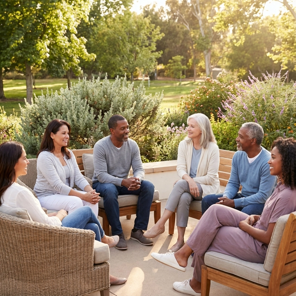 Diverse adults in a supportive group therapy session in bright natural light, Maple Valley, WA