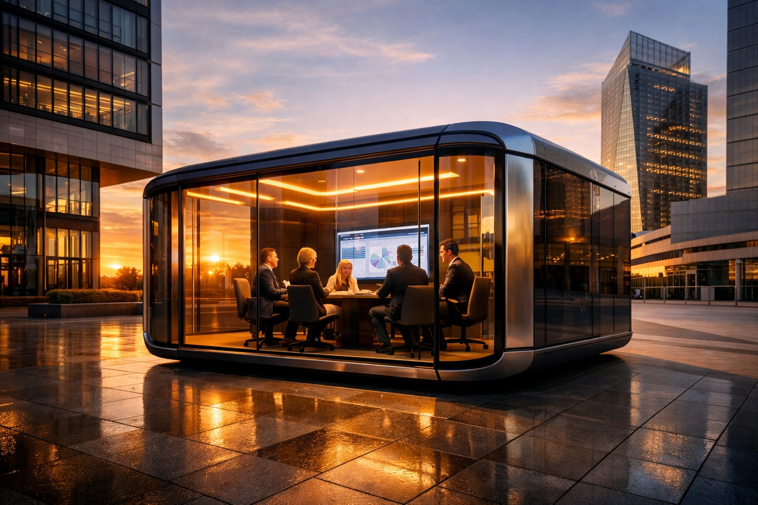 Sleek modular high-tech pod in a contemporary urban setting, showcasing the future of scalable workspaces.