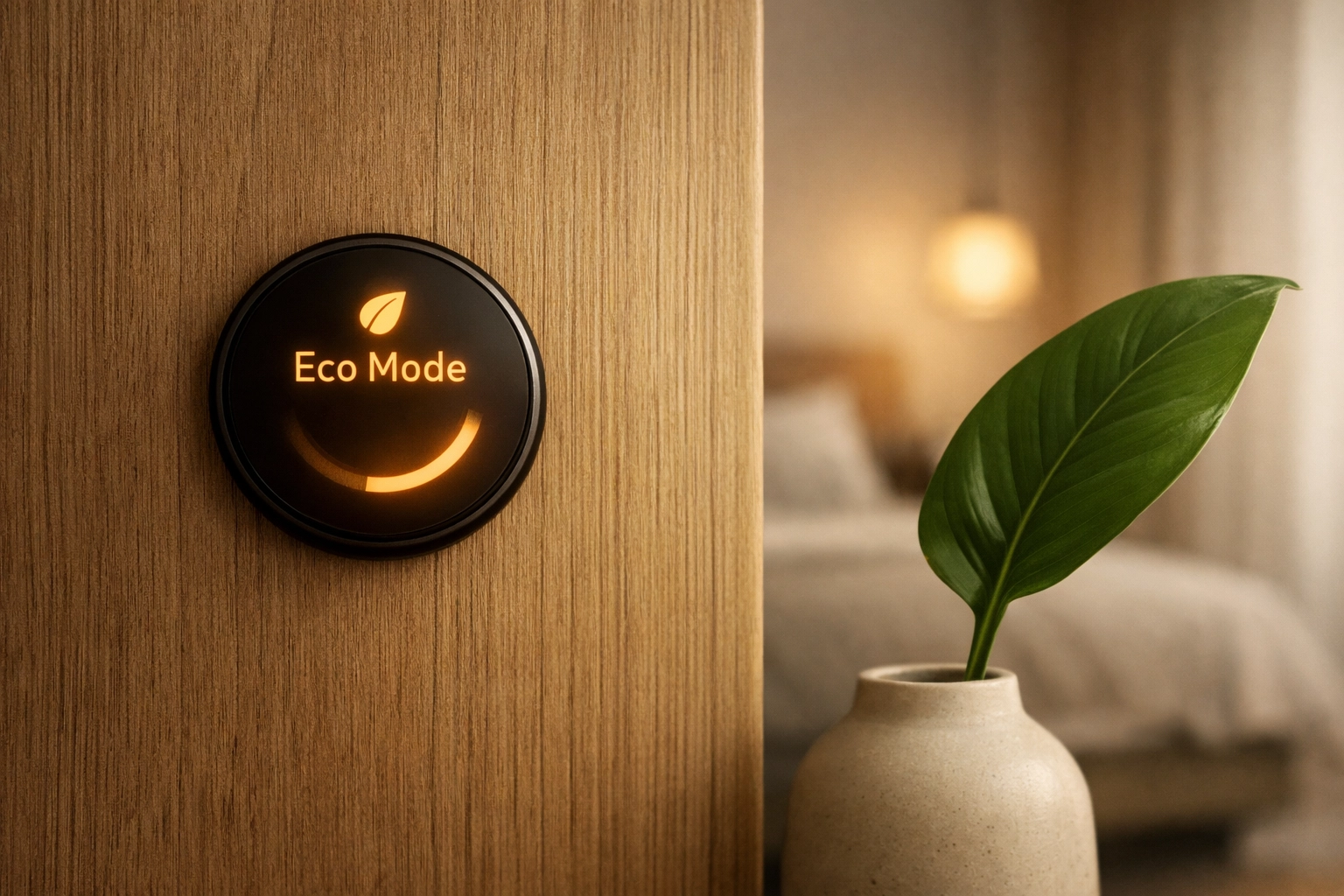 A smart energy-saving control panel integrated into a sustainable wood wall in a luxury hotel room.