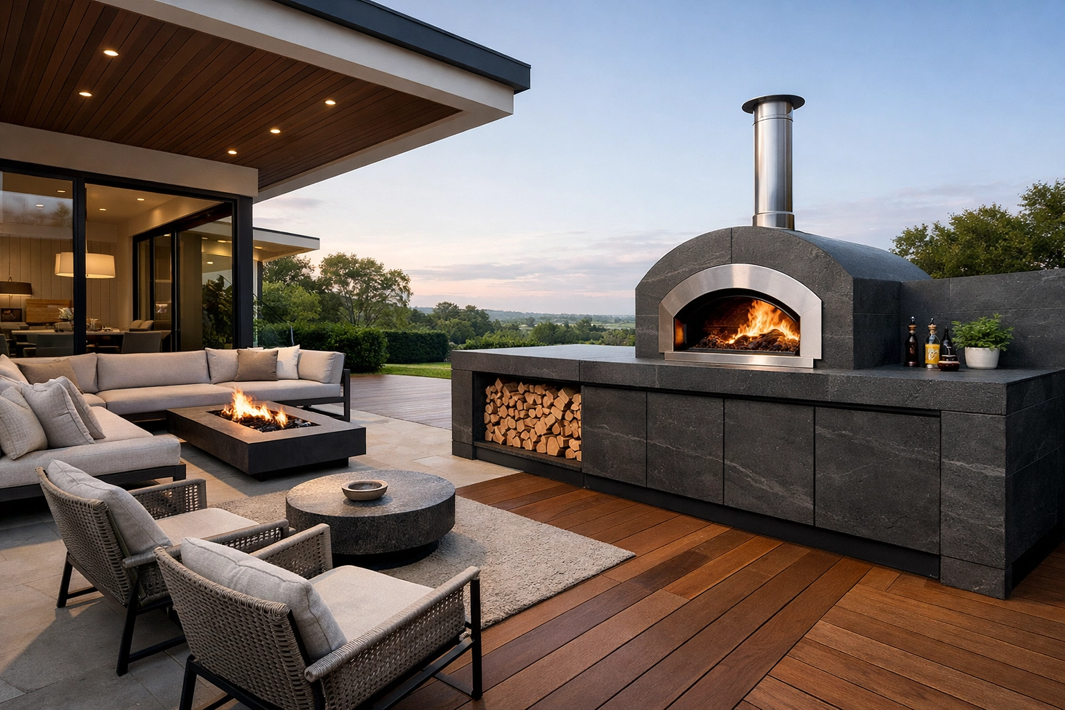 Luxury outdoor kitchen featuring a built-in wood-fired oven and stone countertops in a modern outdoor room.