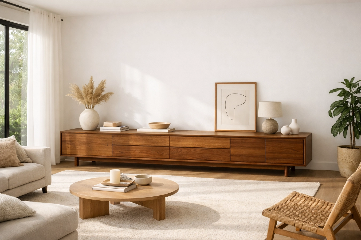Minimalist living room featuring a low-profile walnut sideboard as a Mid-Century Modern anchor piece.