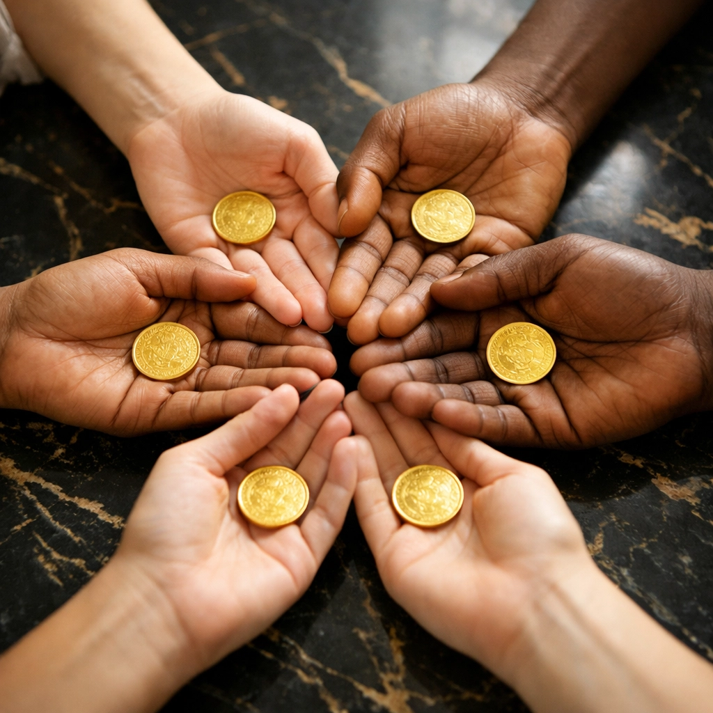 Diverse hands holding gold coins together symbolizing Black economic empowerment and community wealth building
