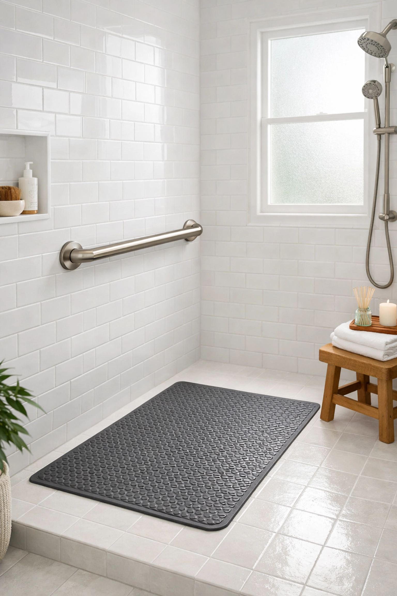 Accessible walk-in shower featuring a sleek wall-mounted grab bar and non-slip floor mat for fall safety.
